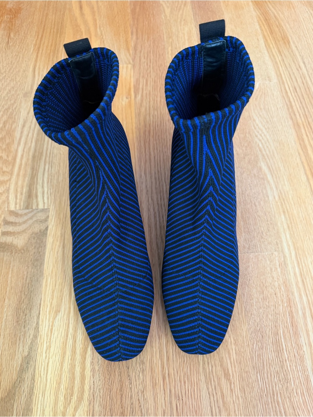 Zara Striped Knit Sock Ankle Boots - Blue & Black Geometric Block Heel